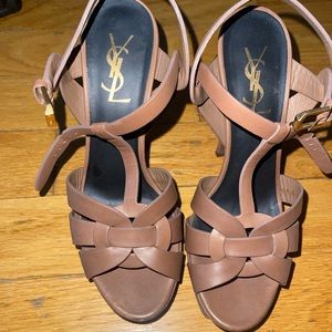 Ysl yves saint laurent brown leather tribute platform sandal heels